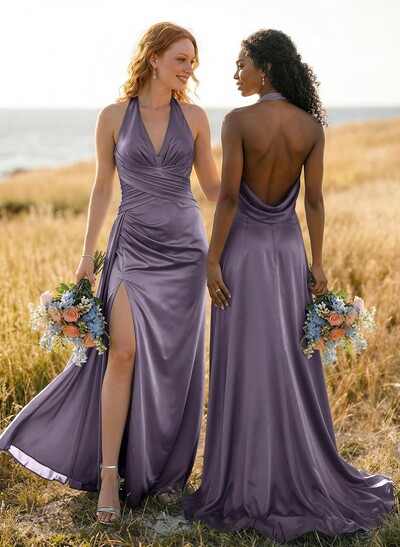 A-Line Halter Sleeveless Sweep Train Silk Like Satin Bridesmaid Dresses