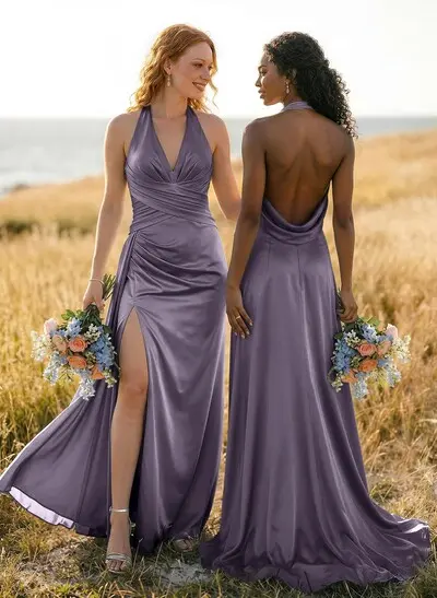 A-Line Halter Sleeveless Sweep Train Silk Like Satin Bridesmaid Dresses