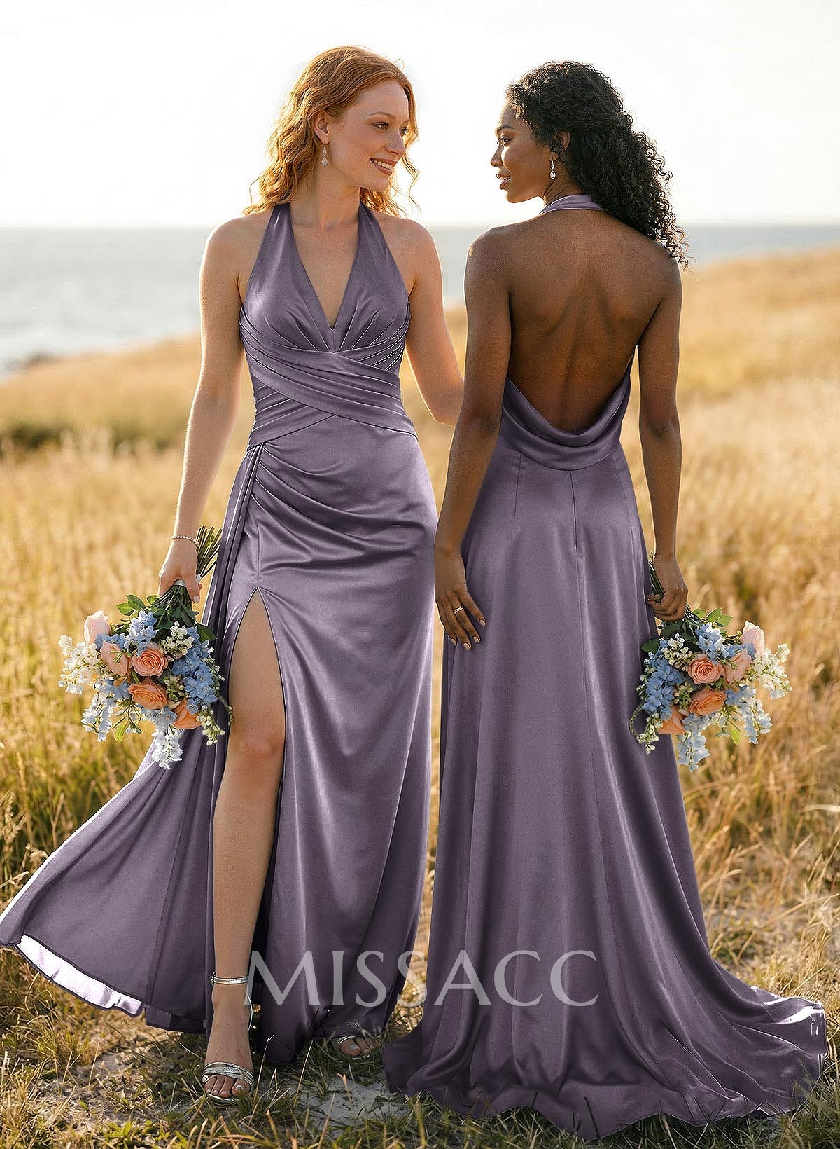 A-Line Halter Sleeveless Sweep Train Silk Like Satin Bridesmaid Dresses A-Line Halter Sleeveless Sweep Train Silk Like Satin Bridesmaid Dresses