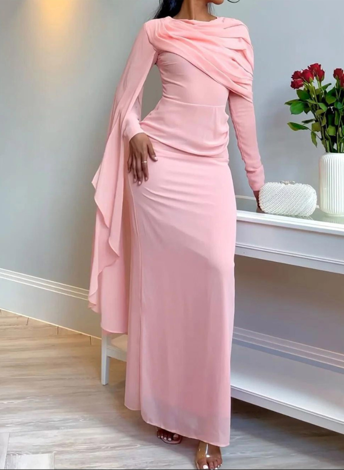 Sheath/Column Scoop Neck Long Sleeves Floor-Length Chiffon Evening Dresses With Pleated
