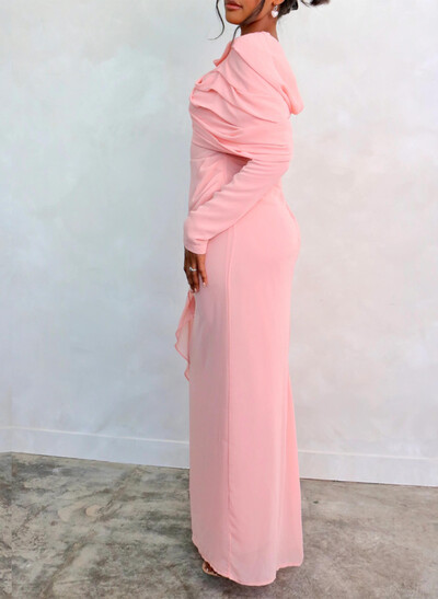 Sheath/Column Scoop Neck Long Sleeves Floor-Length Chiffon Evening Dresses With Pleated