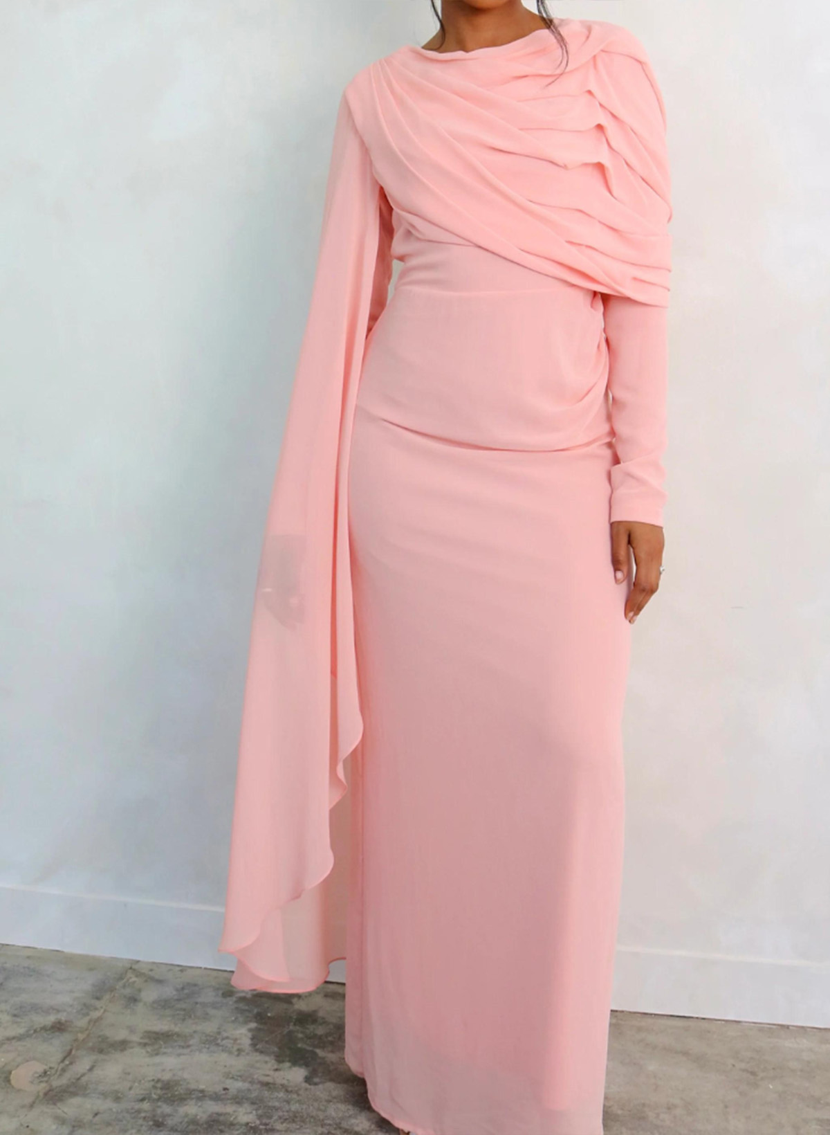 Sheath/Column Scoop Neck Long Sleeves Floor-Length Chiffon Evening Dresses With Pleated