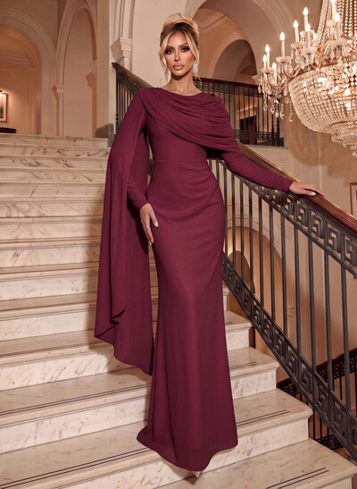 Sheath/Column Scoop Neck Long Sleeves Floor-Length Chiffon Evening Dresses With Pleated