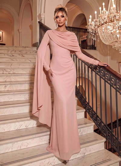 Sheath/Column Scoop Neck Long Sleeves Floor-Length Chiffon Evening Dresses With Pleated