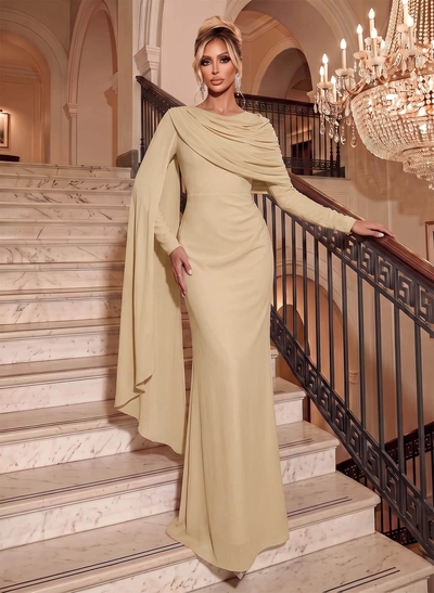 Sheath/Column Scoop Neck Long Sleeves Floor-Length Chiffon Evening Dresses With Pleated
