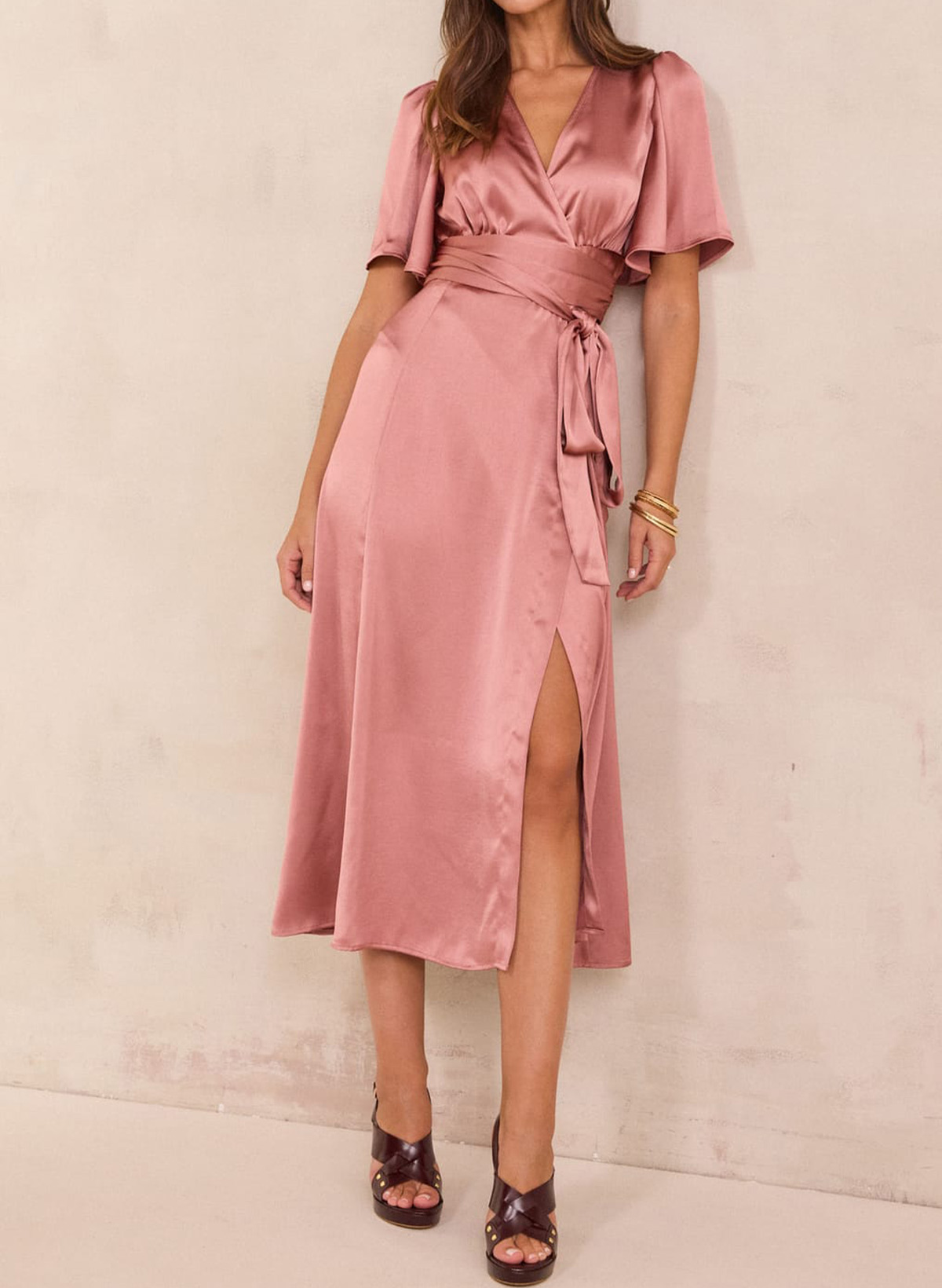 A-Line V-Neck Short Sleeves Tea-Length Matte Satin Evening Dresses With Split Front/Sash