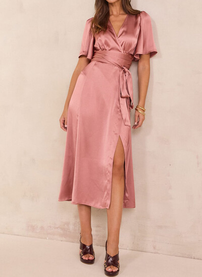 A-Line V-Neck Short Sleeves Tea-Length Matte Satin Evening Dresses With Split Front/Sash