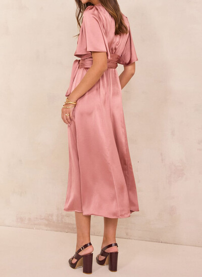 A-Line V-Neck Short Sleeves Tea-Length Matte Satin Evening Dresses With Split Front/Sash