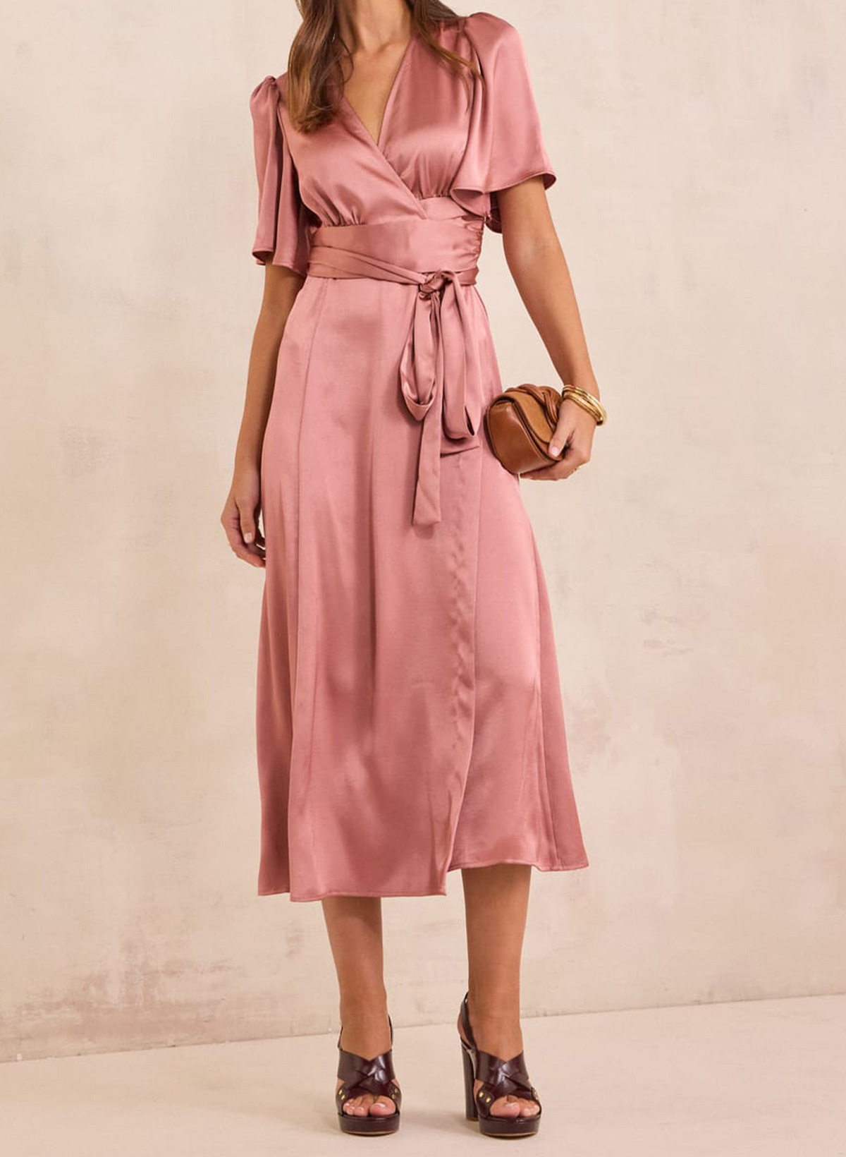 A-Line V-Neck Short Sleeves Tea-Length Matte Satin Evening Dresses With Split Front/Sash