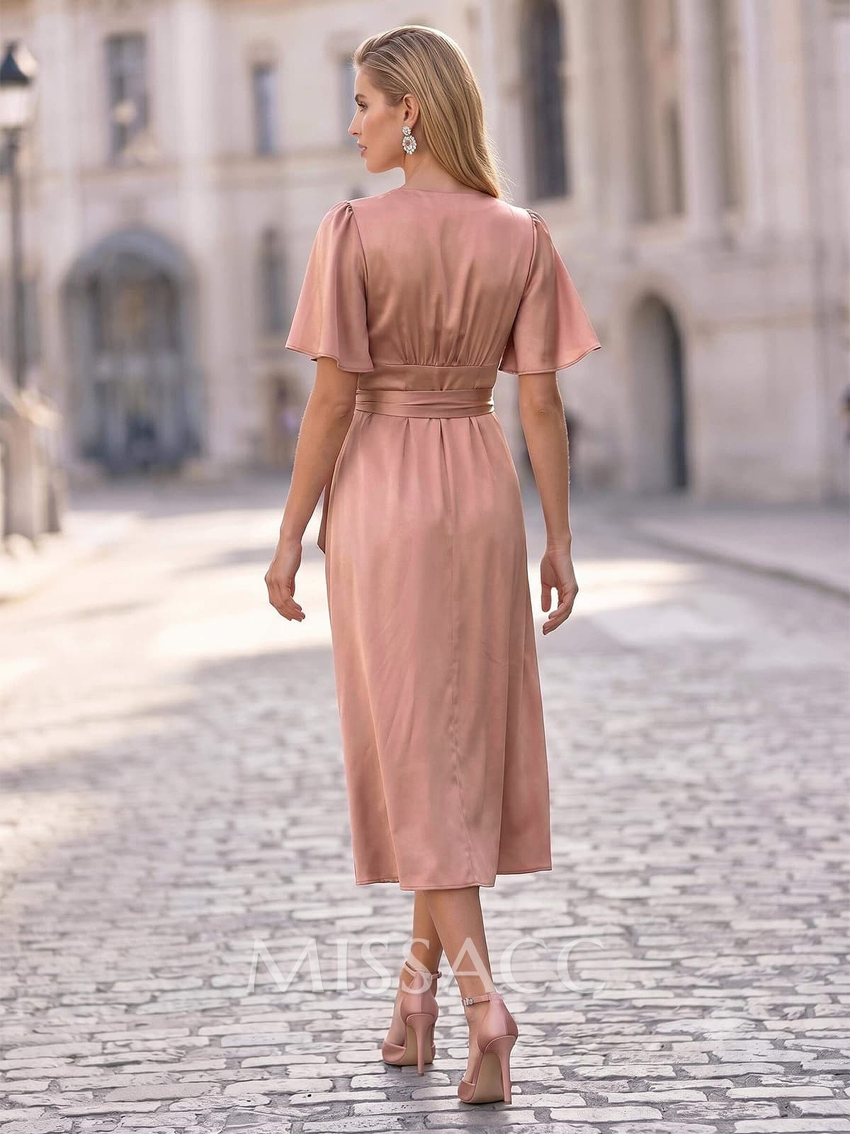A-Line V-Neck Short Sleeves Tea-Length Silk Like Satin Evening Dresses With Split Front/Sash
