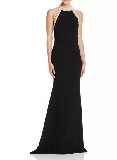 Sheath/Column Halter Sweep Train Elastic Satin Evening Dresses With Rhinestone