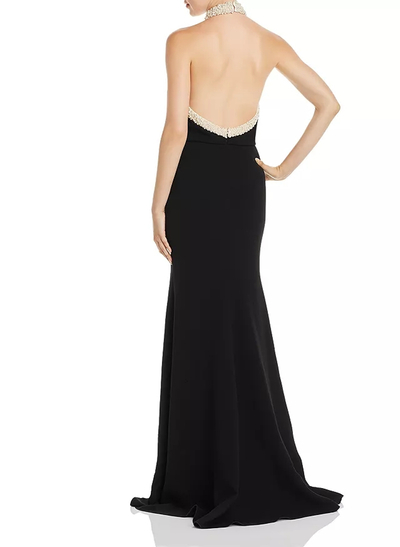 Sheath/Column Halter Sweep Train Elastic Satin Evening Dresses With Rhinestone