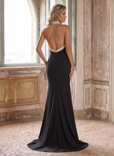 Sheath/Column Halter Sweep Train Elastic Satin Evening Dresses With Rhinestone