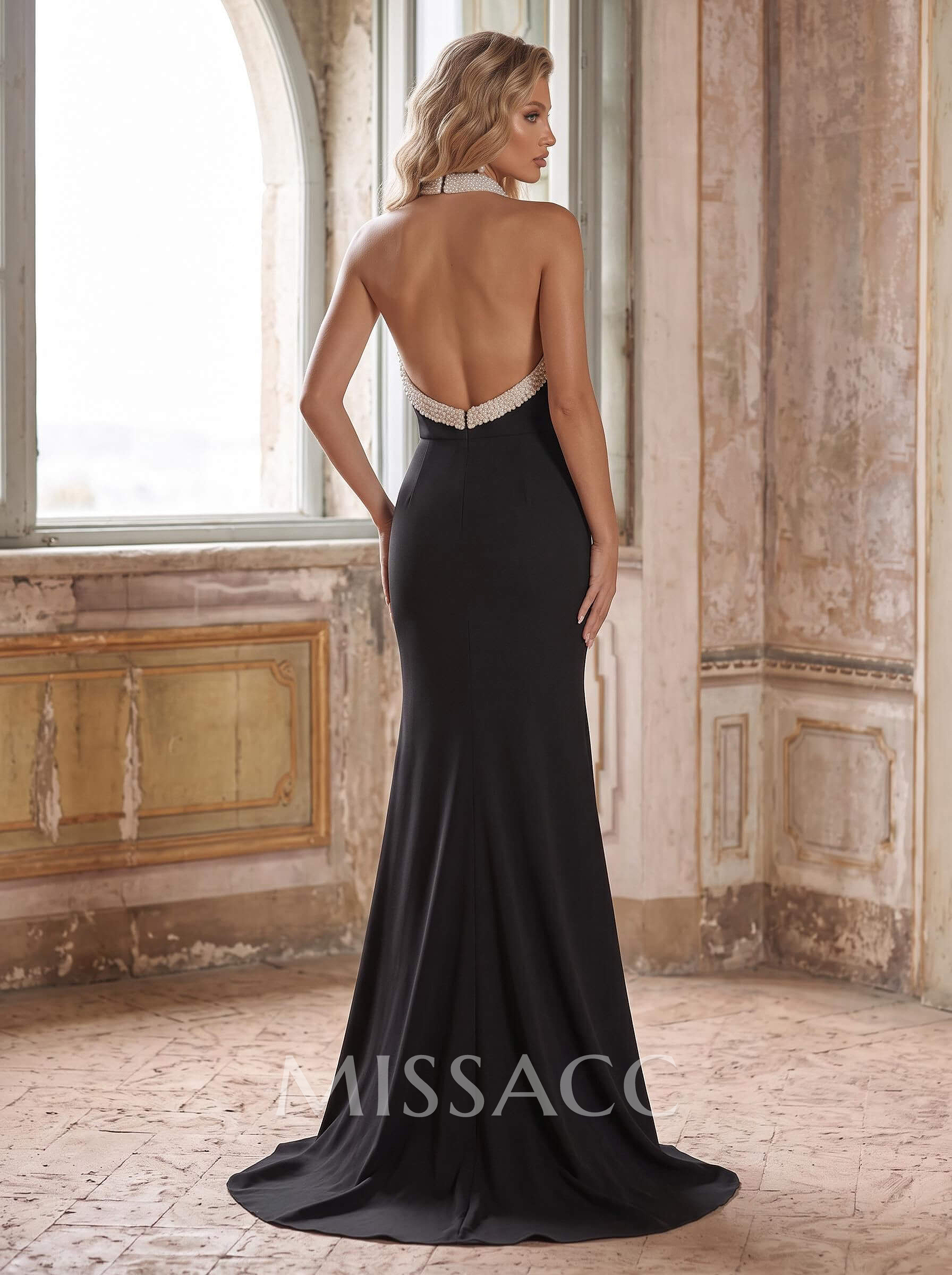 Sheath/Column Halter Sweep Train Elastic Satin Evening Dresses With Rhinestone