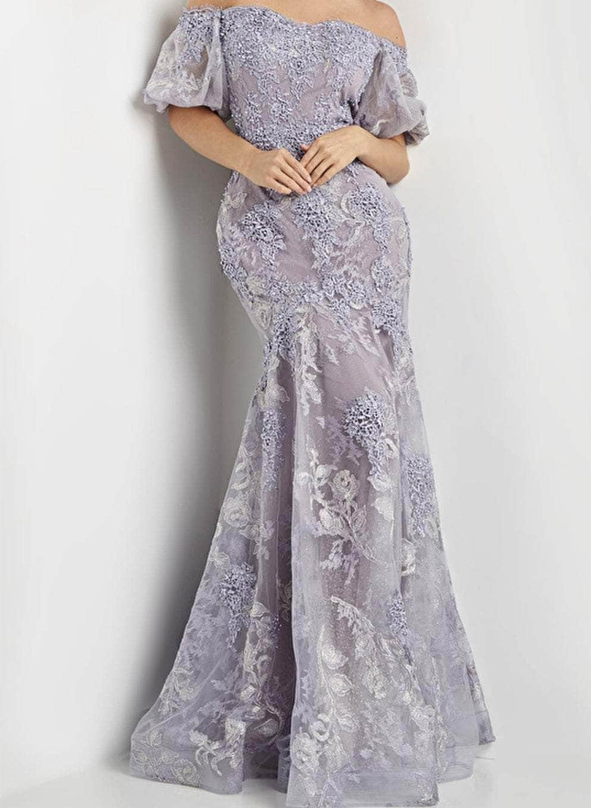 Trumpet/Mermaid Off-The-Shoulder Short Sleeves Floor-Length Tulle Evening Dresses With Appliques Lace