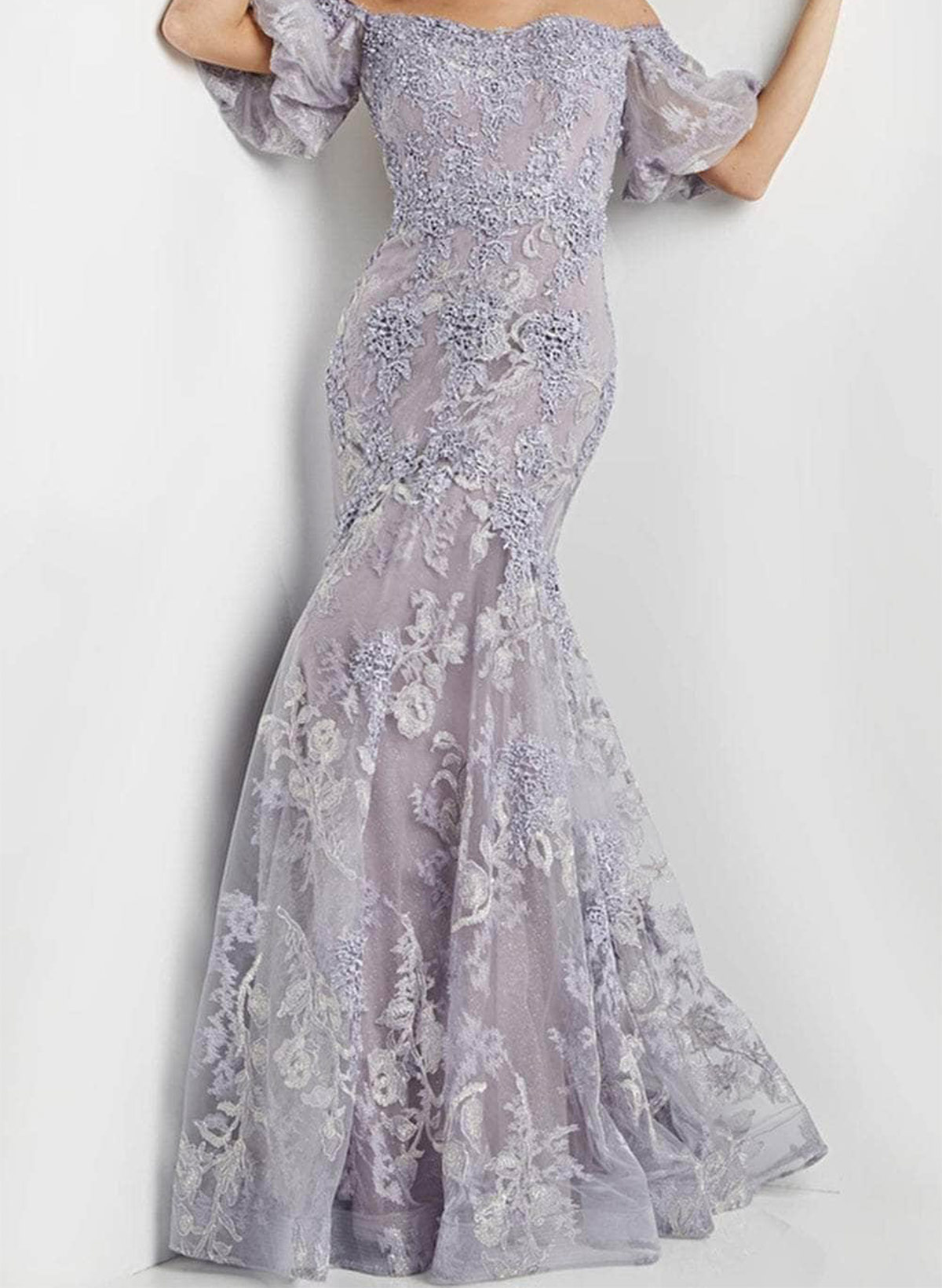 Trumpet/Mermaid Off-The-Shoulder Short Sleeves Floor-Length Tulle Evening Dresses With Appliques Lace