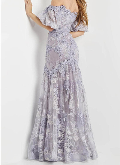 Trumpet/Mermaid Off-The-Shoulder Short Sleeves Floor-Length Tulle Evening Dresses With Appliques Lace