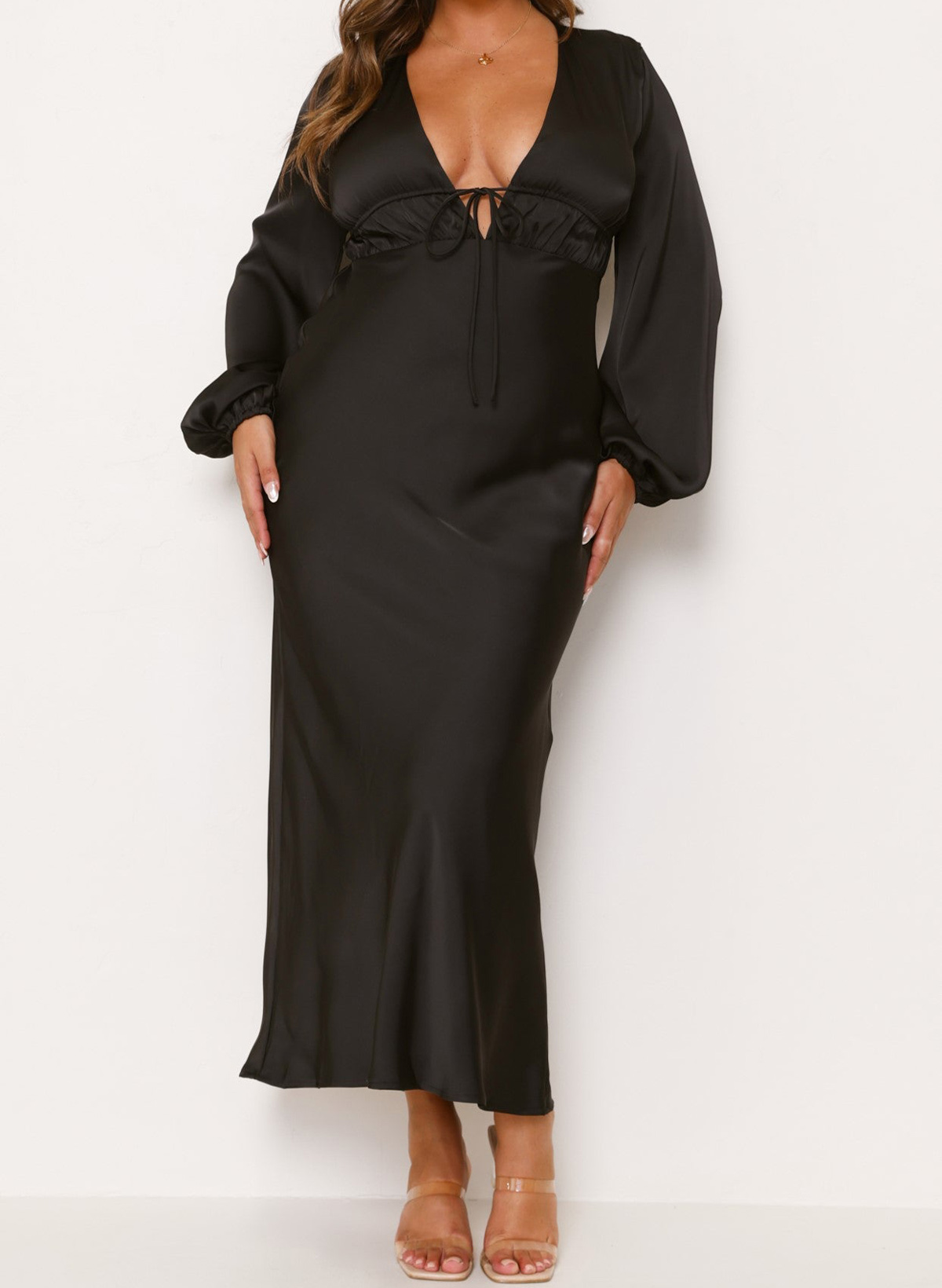 Elegant Sheath/Column Plunge Neck Long Sleeves Ankle-Length Satin Evening Dresses With Bow