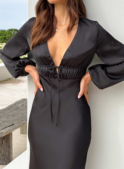 Elegant Sheath/Column Plunge Neck Long Sleeves Ankle-Length Satin Evening Dresses With Bow