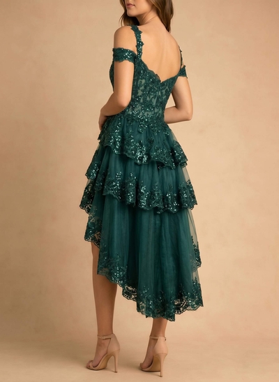 Sparkle & Shine A-Line Sweetheart Sleeveless Asymmetrical Lace/Satin/Tulle Evening Dresses With Appliques Lace