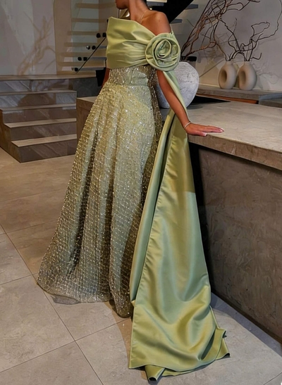 Luxury A-Line Asymmetrical Sleeveless Sweep Train Satin Evening Dresses With Flower