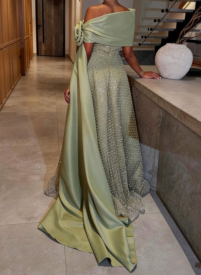 Luxury A-Line Asymmetrical Sleeveless Sweep Train Satin Evening Dresses With Flower