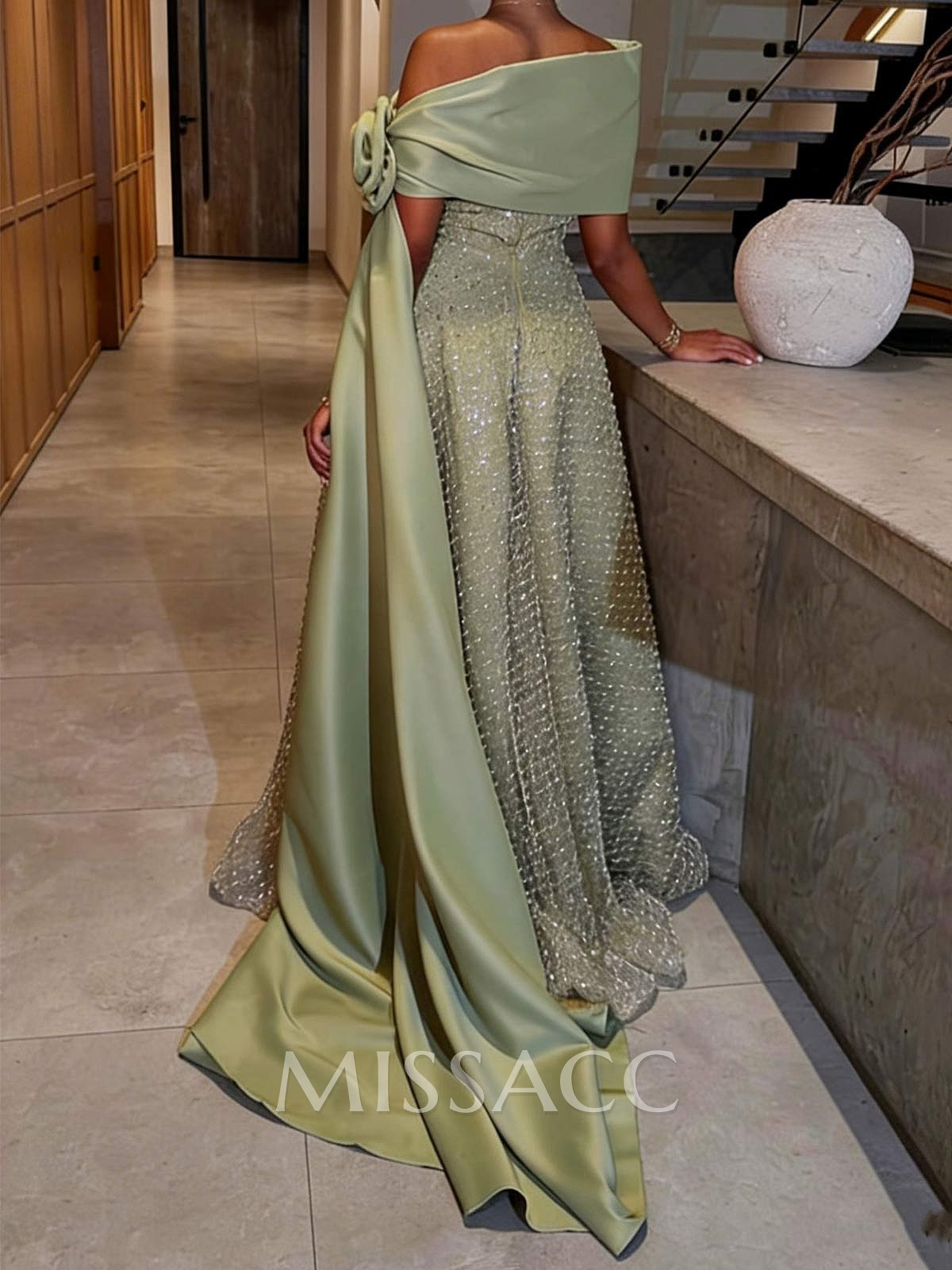 Luxury A-Line Asymmetrical Sleeveless Sweep Train Satin Evening Dresses With Flower Luxury A-Line Asymmetrical Sleeveless Sweep Train Satin Evening Dresses With Flower