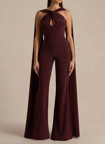 Elegant Jumpsuit/Pantsuit Halter Sleeveless Floor-Length Elastic Satin Evening Dresses