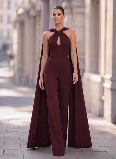 Elegant Jumpsuit/Pantsuit Halter Sleeveless Floor-Length Elastic Satin Evening Dresses