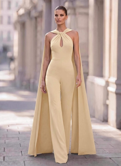 Elegant Jumpsuit/Pantsuit Halter Sleeveless Floor-Length Elastic Satin Evening Dresses
