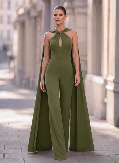 Elegant Jumpsuit/Pantsuit Halter Sleeveless Floor-Length Elastic Satin Evening Dresses