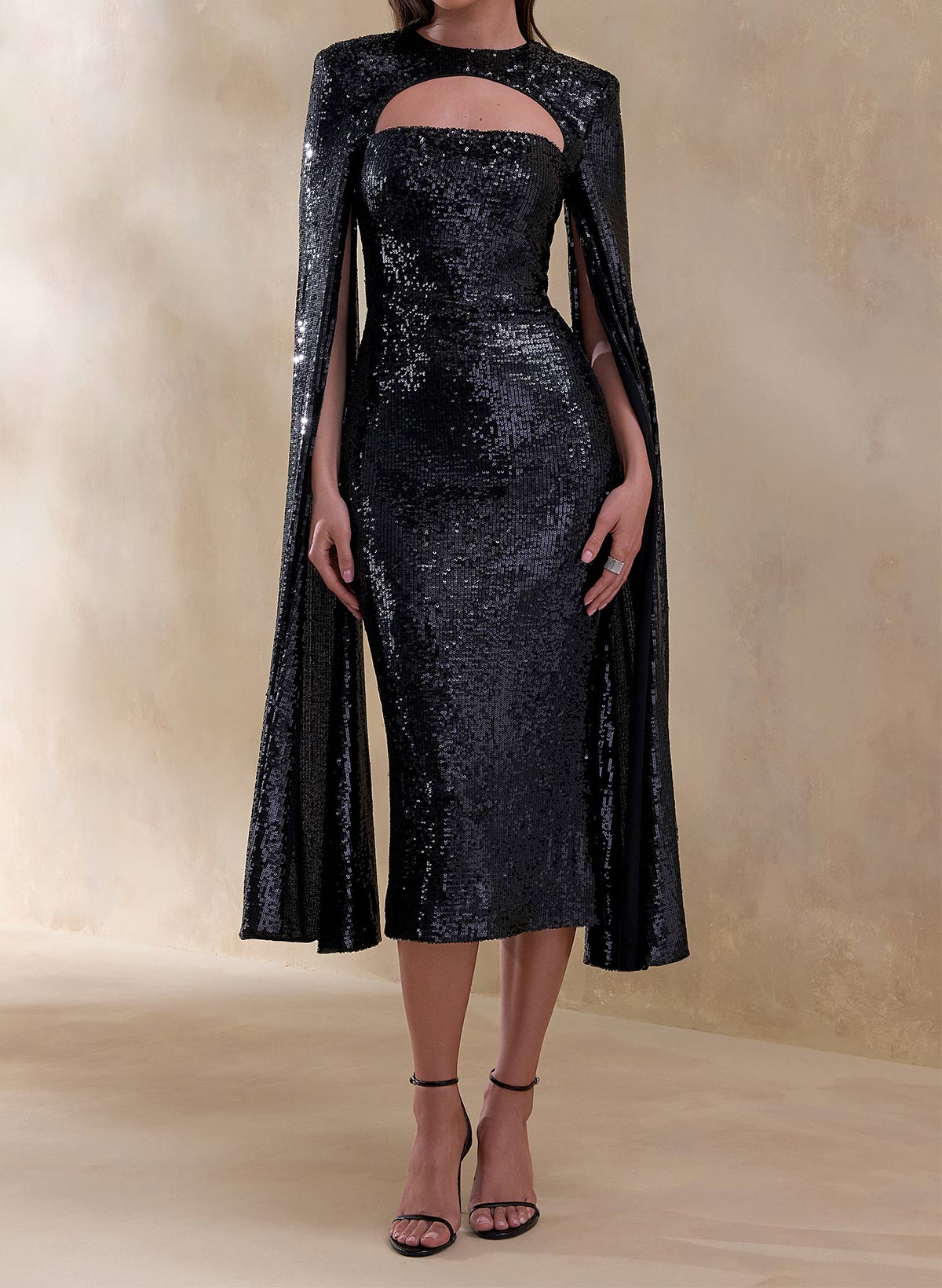 Elegant Sheath/Column Strapless Cape Sleeves Tea-Length Evening Dresses With Sequins