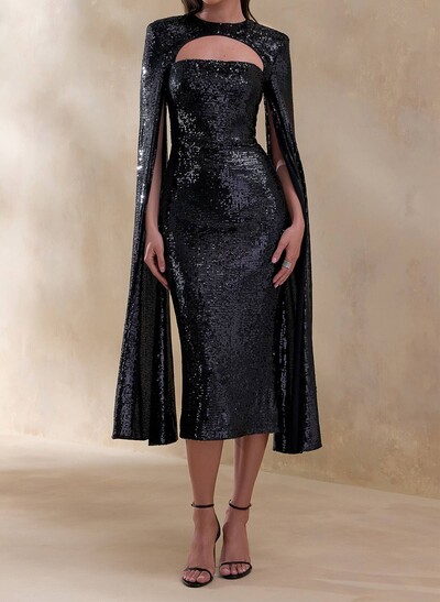 Elegant Sheath/Column Strapless Cape Sleeves Tea-Length Evening Dresses With Sequins