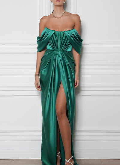 A-Line Off-The-Shoulder Sleeveless Sweep Train Stretch Satin Knit Evening Dresses With Pleated/High Split