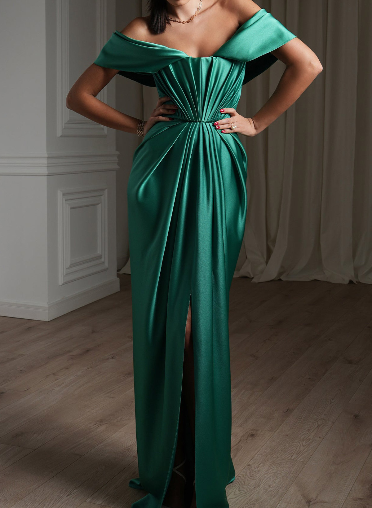 A-Line Off-The-Shoulder Sleeveless Sweep Train Stretch Satin Knit Evening Dresses With Pleated/High Split
