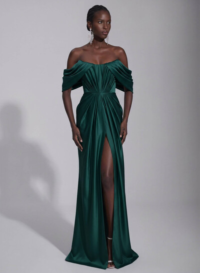 A-Line Off-The-Shoulder Sleeveless Sweep Train Stretch Satin Knit Evening Dresses With Pleated/High Split