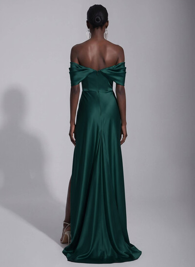 A-Line Off-The-Shoulder Sleeveless Sweep Train Stretch Satin Knit Evening Dresses With Pleated/High Split