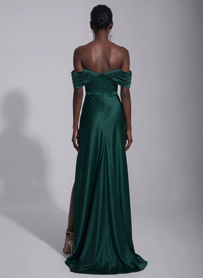 A-Line Off-The-Shoulder Sleeveless Sweep Train Stretch Satin Knit Evening Dresses With Pleated/High Split