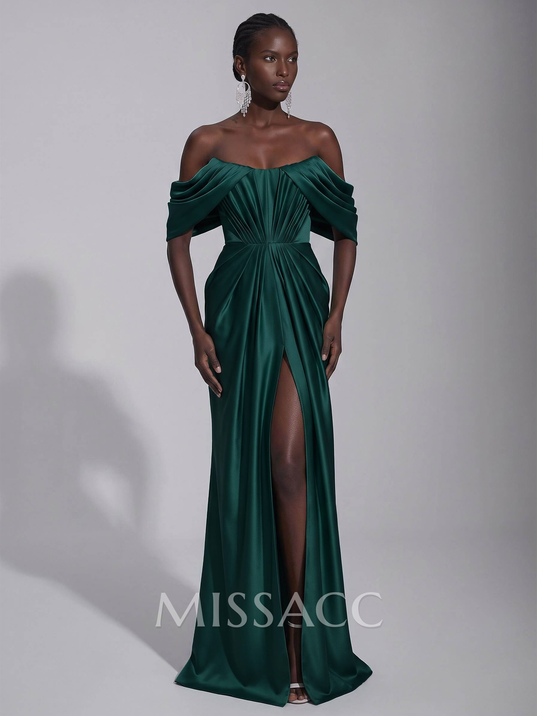 A-Line Off-The-Shoulder Sleeveless Sweep Train Stretch Satin Knit Evening Dresses With Pleated/High Split