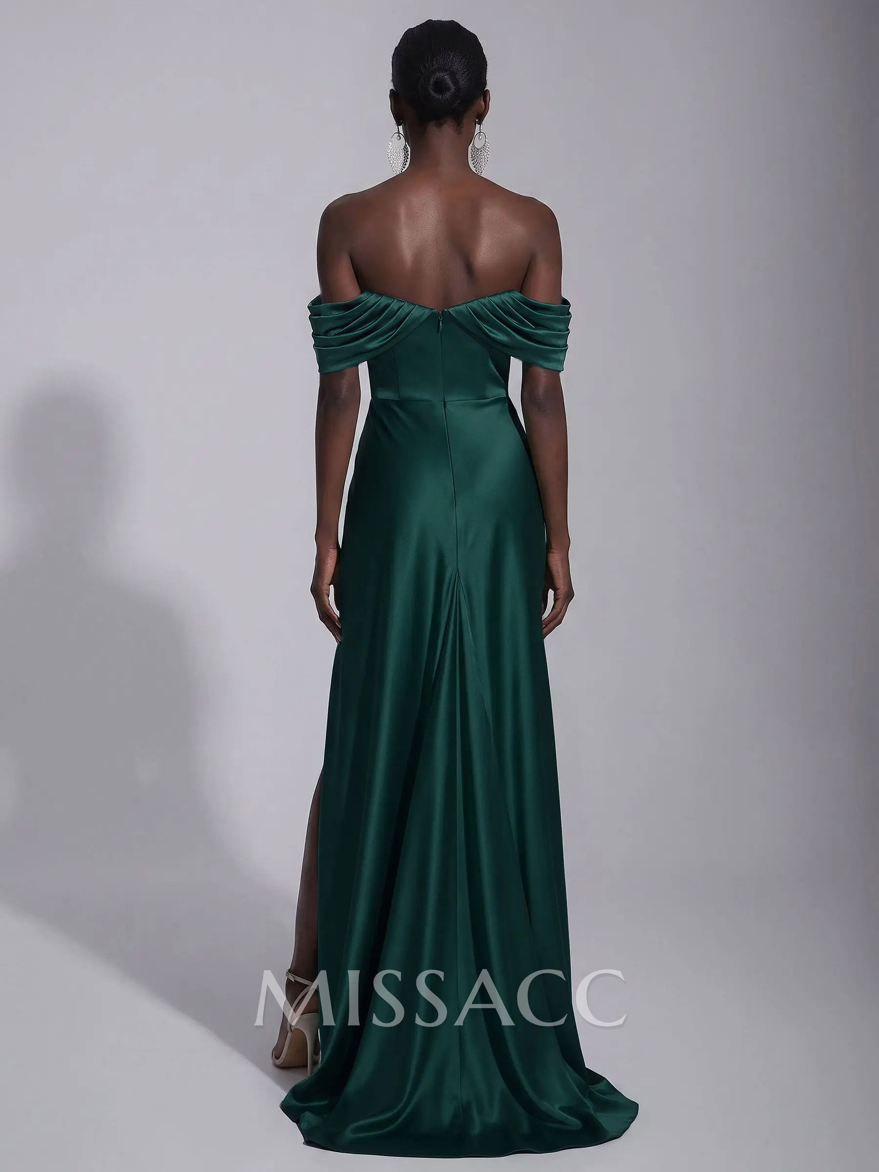 A-Line Off-The-Shoulder Sleeveless Sweep Train Stretch Satin Knit Evening Dresses With Pleated/High Split
