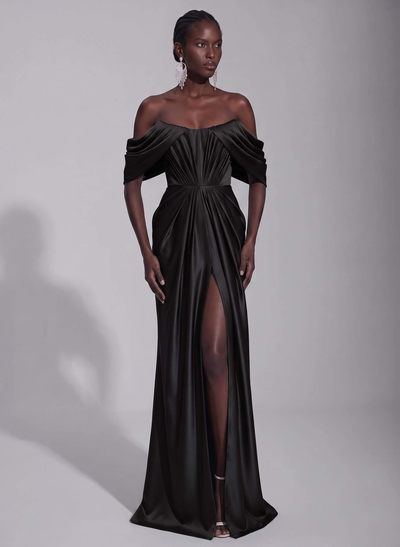 A-Line Off-The-Shoulder Sleeveless Sweep Train Stretch Satin Knit Evening Dresses With Pleated/High Split