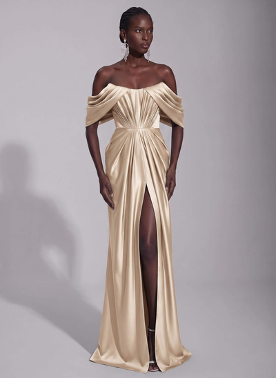A-Line Off-The-Shoulder Sleeveless Sweep Train Stretch Satin Knit Evening Dresses With Pleated/High Split
