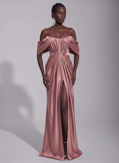 A-Line Off-The-Shoulder Sleeveless Sweep Train Stretch Satin Knit Evening Dresses With Pleated/High Split