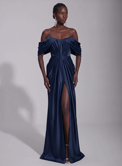 A-Line Off-The-Shoulder Sleeveless Sweep Train Stretch Satin Knit Evening Dresses With Pleated/High Split