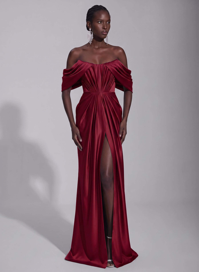 A-Line Off-The-Shoulder Sleeveless Sweep Train Stretch Satin Knit Evening Dresses With Pleated/High Split