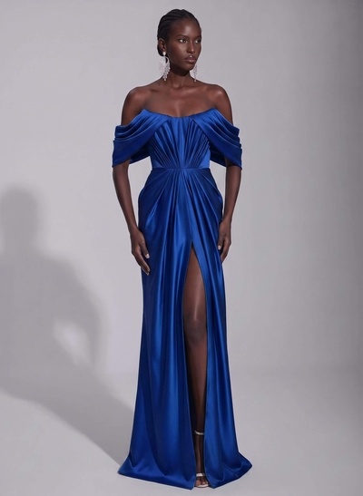 A-Line Off-Shoulder Sleeveless Sweep Train Stretch Satin Formal Dress with Pleats and High Split