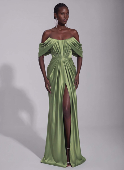 A-Line Off-Shoulder Sleeveless Sweep Train Stretch Satin Formal Dress with Pleats and High Split