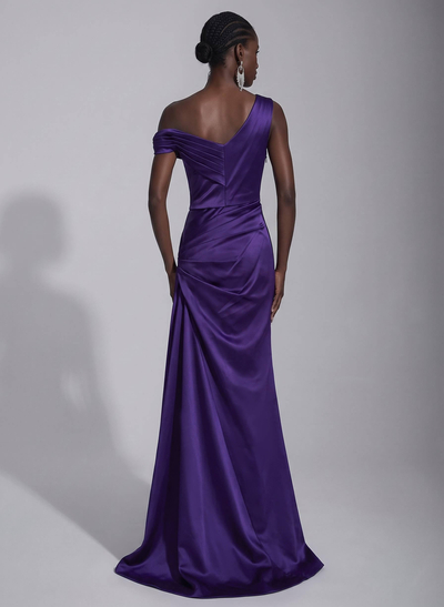 Elegant Sheath/Column Asymmetrical Sleeveless Sweep Train Satin Evening Dresses