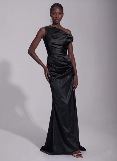 Elegant Sheath/Column Asymmetrical Sleeveless Sweep Train Satin Evening Dresses
