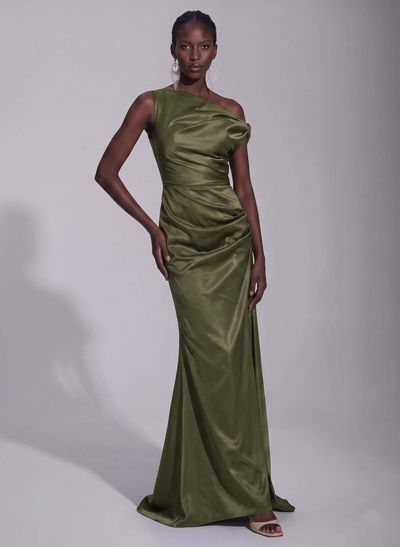 Elegant Sheath/Column Asymmetrical Sleeveless Sweep Train Satin Evening Dresses
